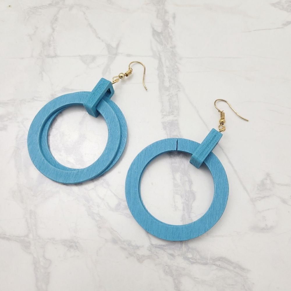 Brand New Blue Wooden Round Earrings